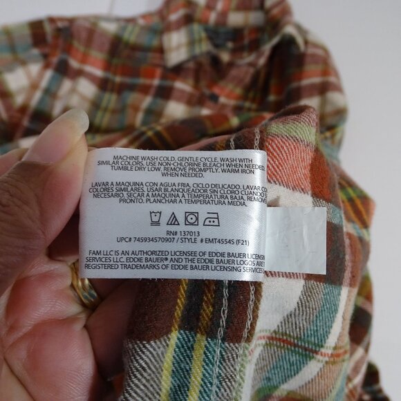 Eddie Bauer Men Plaid Button Up Plaid Flannel Shirt Red Green Cream Size L - Picture 8 of 11